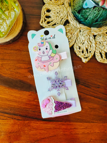 Kids Hair Clips Set of 3 - Unicorn Rainbow Princess & More