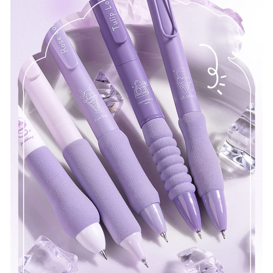a pack of 5 elegant coffee and desserts themed gel pens in purple color. ink color is black. 