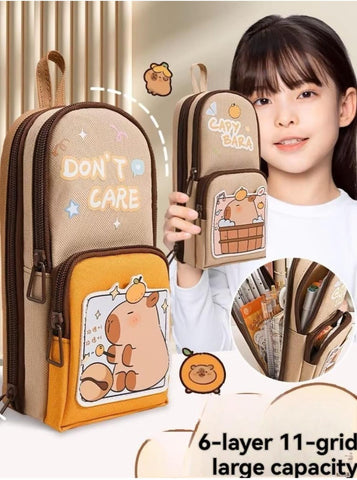 'Don't Care' Vertical Triple Zip Pouch (Stationery/ Multiutility)