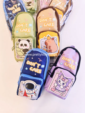 'Don't Care' Vertical Triple Zip Pouch (Stationery/ Multiutility)