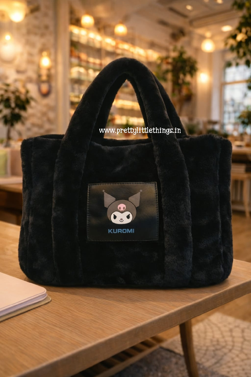 Kawaii Sanrio Kuromi Theme Black Fluffy Fur Handbag. Kuromi Plush Shoulder Bag in Black Color. 