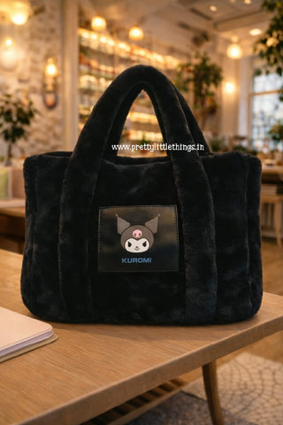 Kawaii Sanrio Kuromi Theme Black Fluffy Fur Handbag. Kuromi Plush Shoulder Bag in Black Color. 
