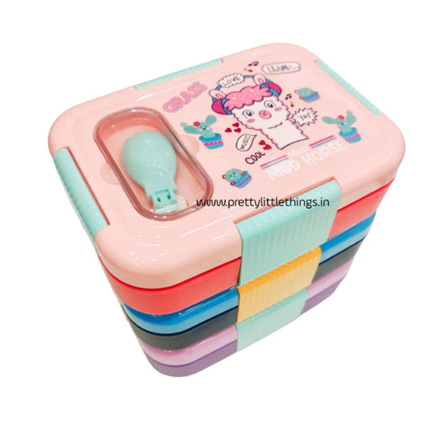 Colorful stainless steel bento box with cartoon character on a white background