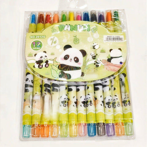pack of 12 smooth crayons with twistable tip in the theme of playful panda 