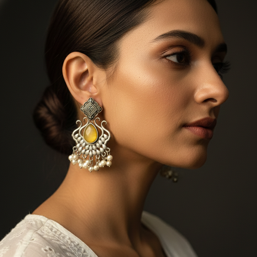 lotus shaped oxidised black metal earrings in dangler style