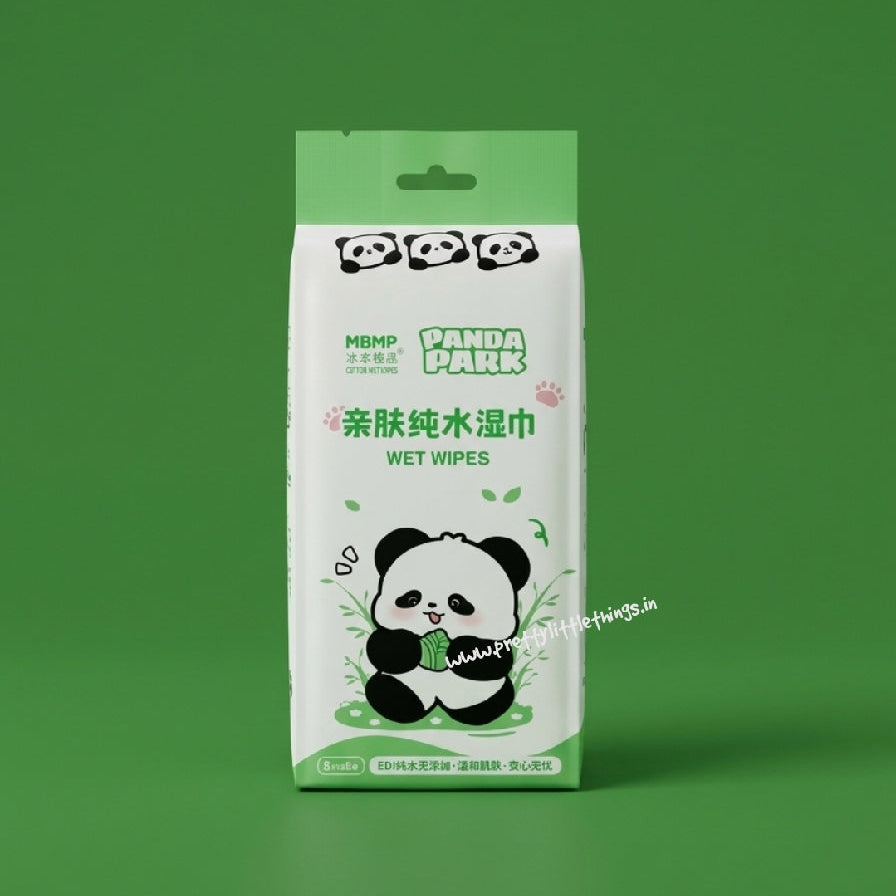 Pack of Panda Park wet wipes on a green background
