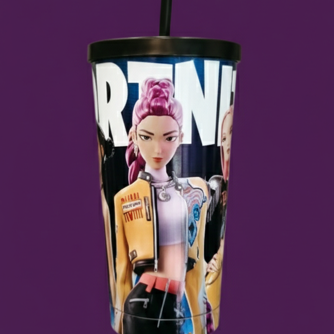 Stainless Steel Dark Blue Tumbler with KPOP Demon Hunters design and straw. Huntrix Theme Straw Sipper.