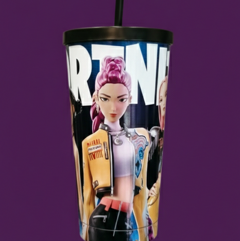 Stainless Steel Dark Blue Tumbler with KPOP Demon Hunters design and straw. Huntrix Theme Straw Sipper.