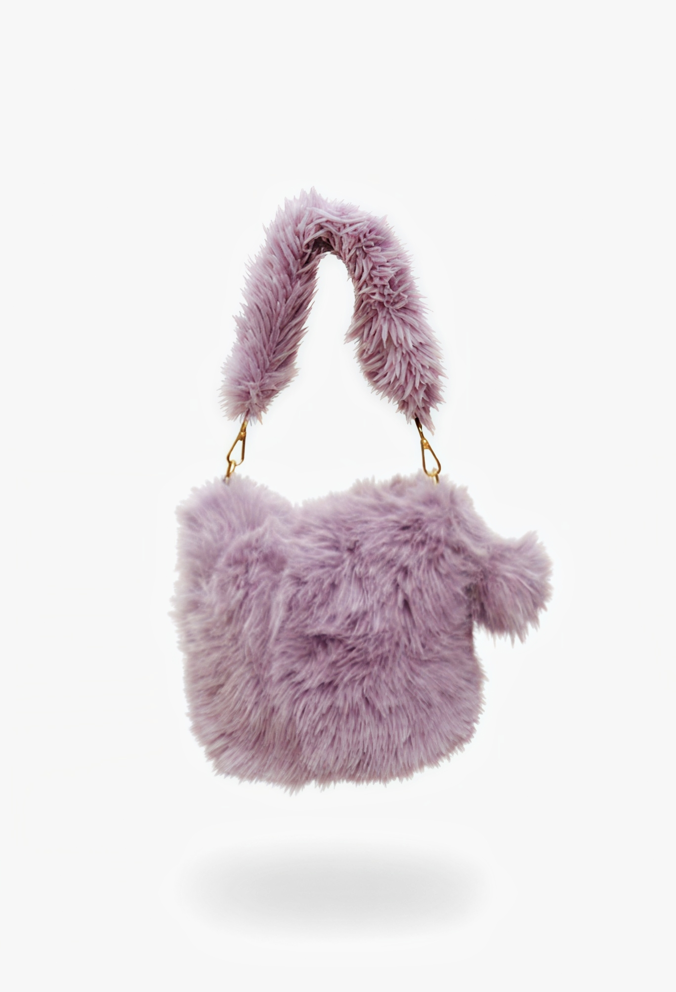 fluffy fur mini hobo style purse. shoulder bag in lavendar color. it also has a faux fur hanging pom pom charm.