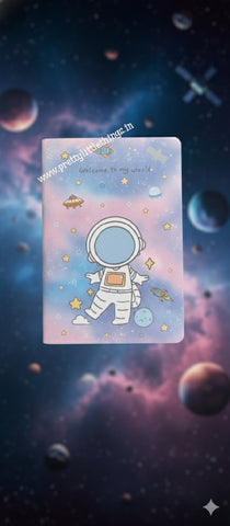 cute A5 softcover notebook featuring an astronaut playing among planets against a pastel galaxy background with stars and spaceships