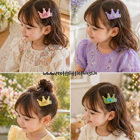 Collage of a young girl wearing different colored hair crowns in various settings.