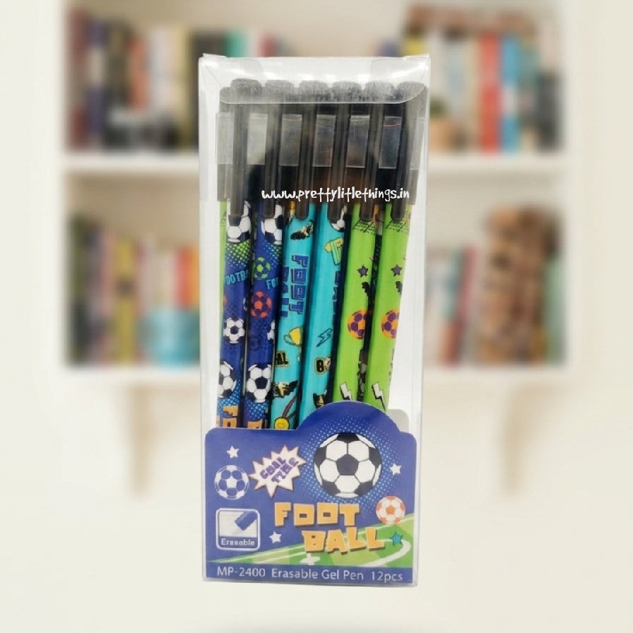 Pack of erasable gel pens with sports designs in a clear packaging on a blurred bookshelf background