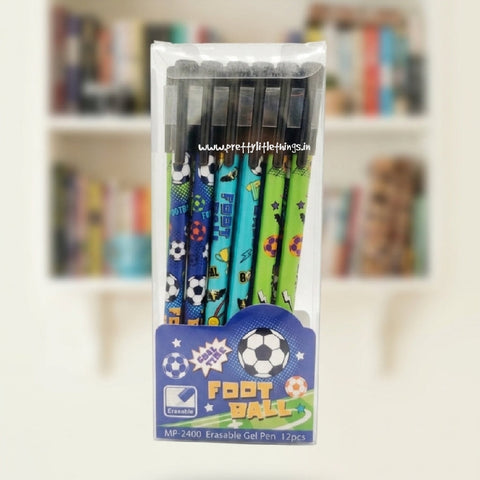 Pack of erasable gel pens with sports designs in a clear packaging on a blurred bookshelf background
