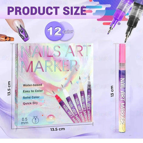Nails art marker set with packaging and markers on a purple background