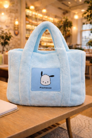 Kawaii Sanrio Cinnamaroll Theme Light Blue Fluffy Fur Handbag. Cinnamaroll Plush Shoulder Bag in Light Blue Color. 