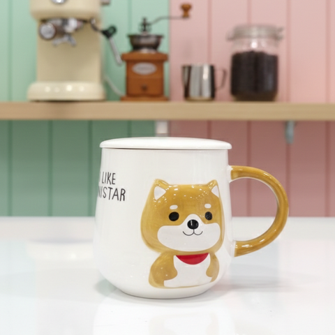 ceramic coffee Mug with a cartoon teddy bear design on a kitchen counter with coffee-making equipment in the background.