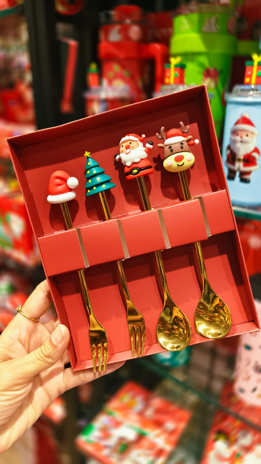 Christmas Theme Spoon Fork Set, With Xmas Toppers (4 pcs)