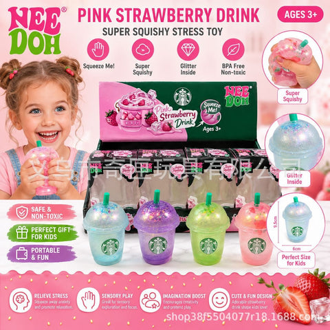 Nee Doh Starbucks Style Strawberry Drink Glitter Squishy