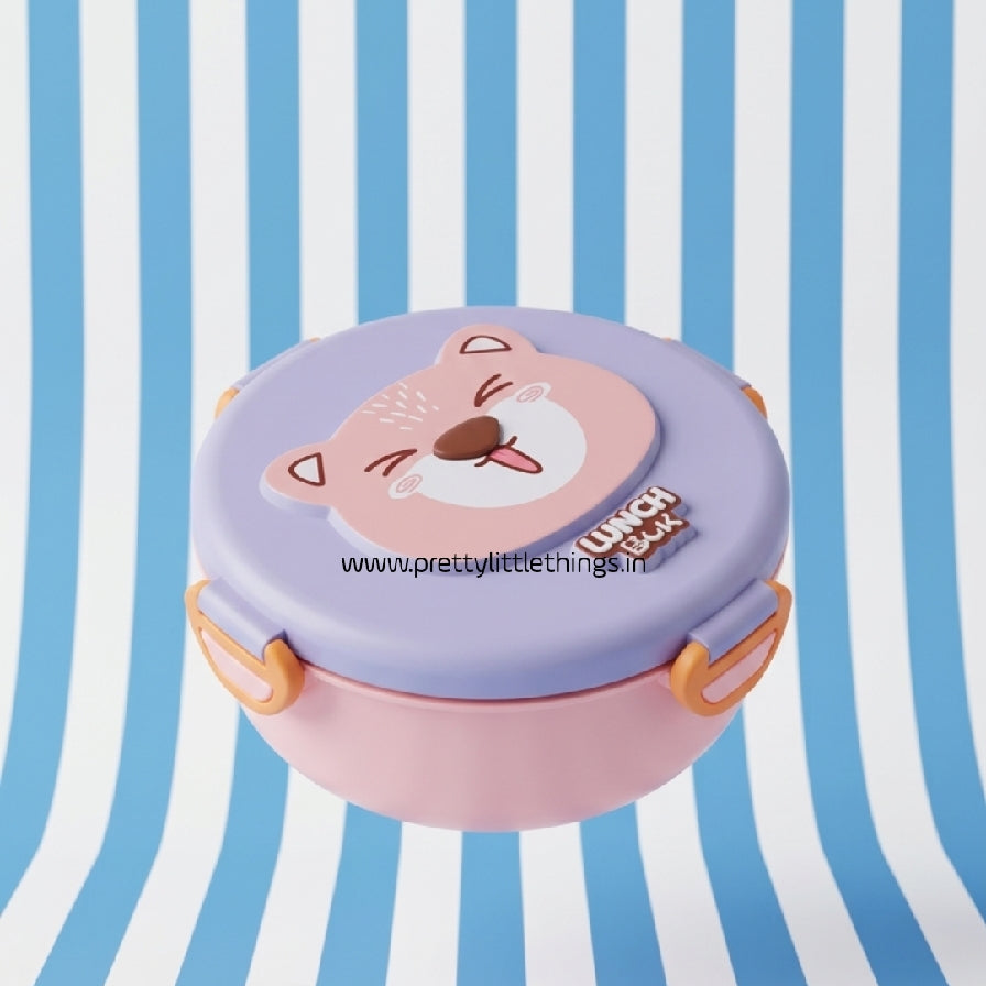 Pink and light blue steel lunch box with cartoon cat design on a blue and white striped background