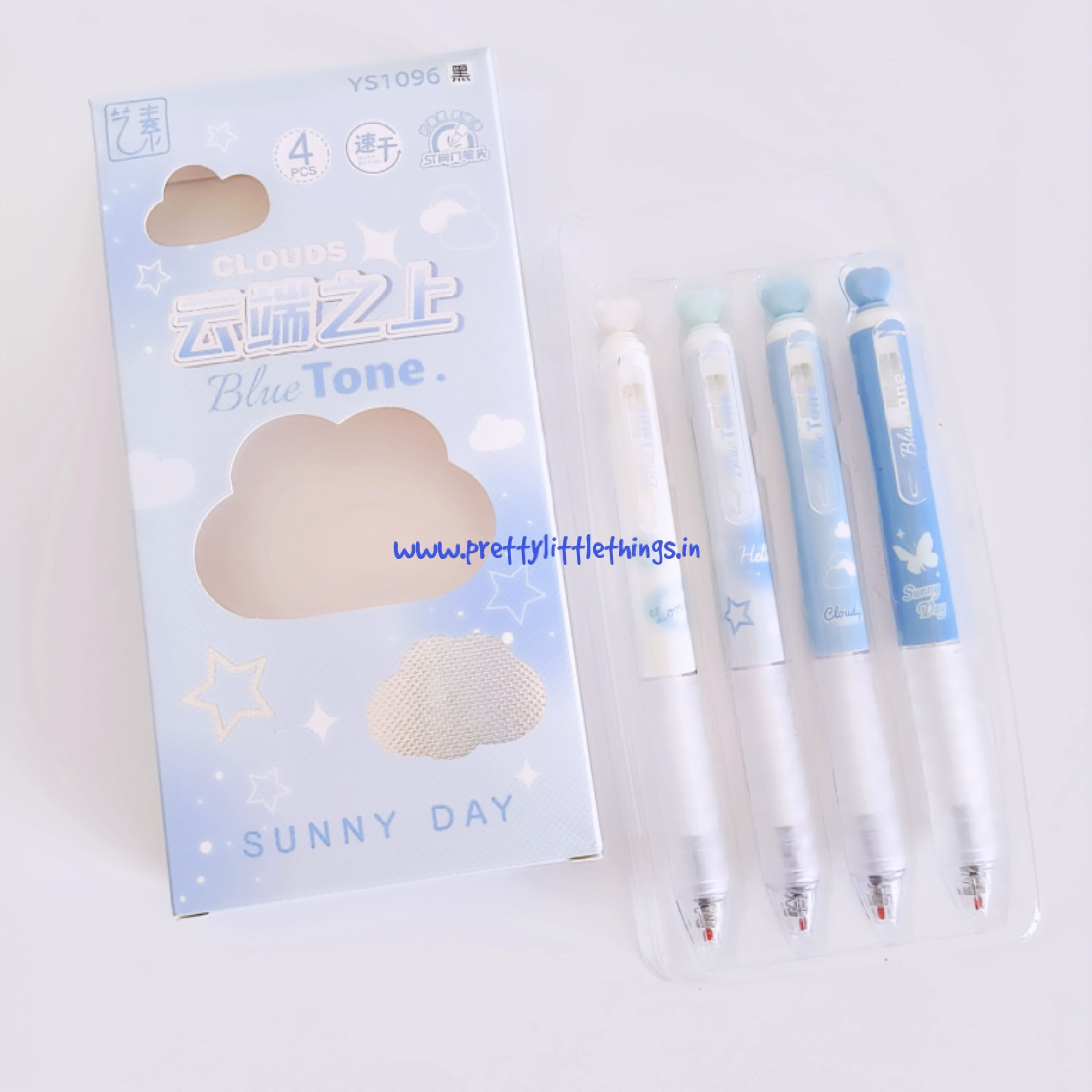 Pack of Sunny Day blue tone gel pens on white background
