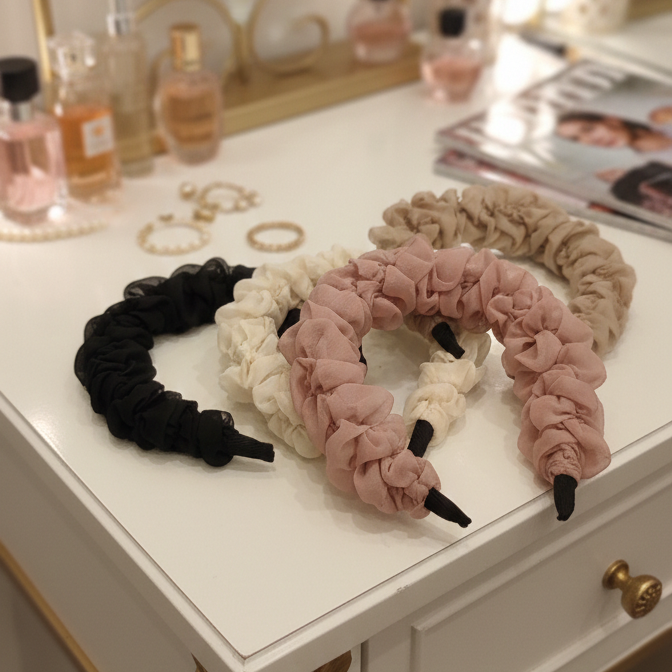Hairbands in ruffles design. Cotton organza mixed material. 