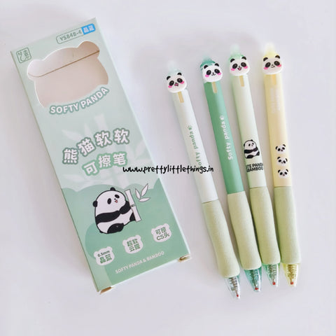 Set of four panda-themed pens with a packaging box on a white background. 