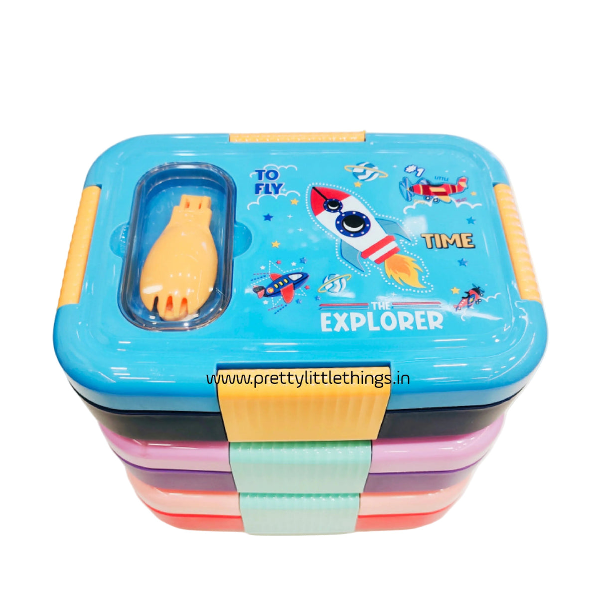 Colorful children's stainless steel lunch box with space-themed design on a white surface