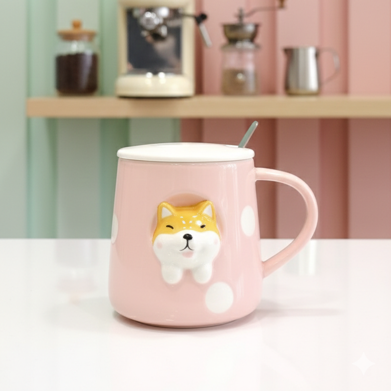 Pink mug with a dog design on a table with a blurred kitchen background