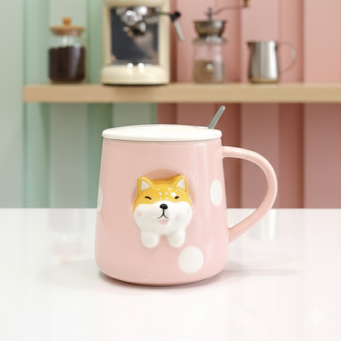 Pink mug with a dog design on a table with a blurred kitchen background