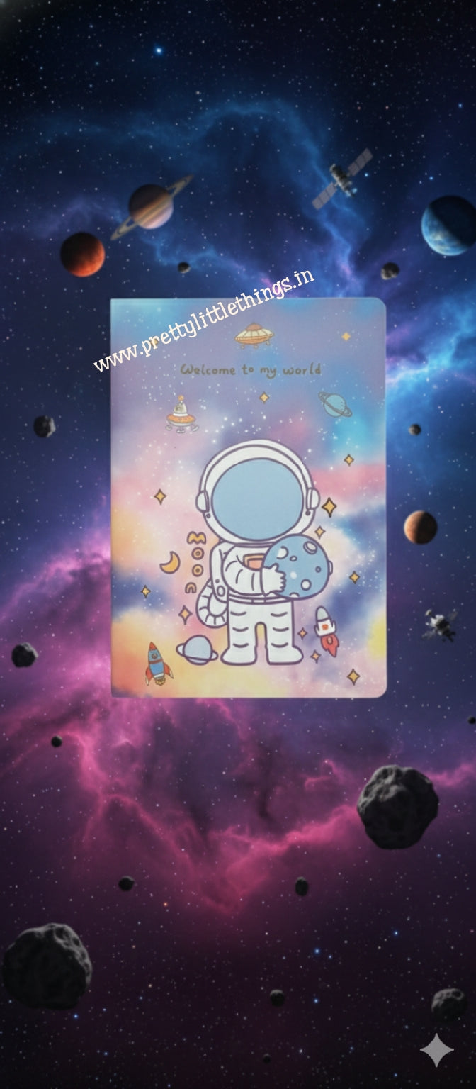 cute A5 softcover notebook featuring an astronaut playing with a small planet against a pastel galaxy background with stars and spaceships