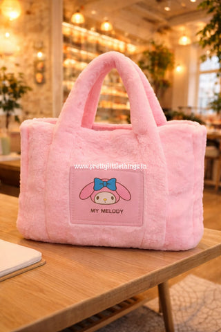 Kawaii Sanrio My Melody Theme Pink Fluffy Fur Handbag. My Melody  Plush Shoulder Bag in Pink Color. 