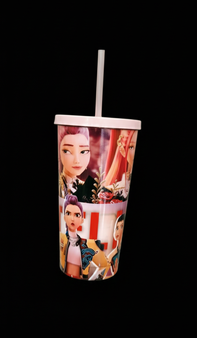 Stainless Steel Light Pink Tumbler with KPOP Demon Hunters design and straw. Huntrix Theme Straw Sipper.