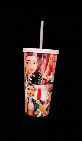 Stainless Steel Light Pink Tumbler with KPOP Demon Hunters design and straw. Huntrix Theme Straw Sipper.