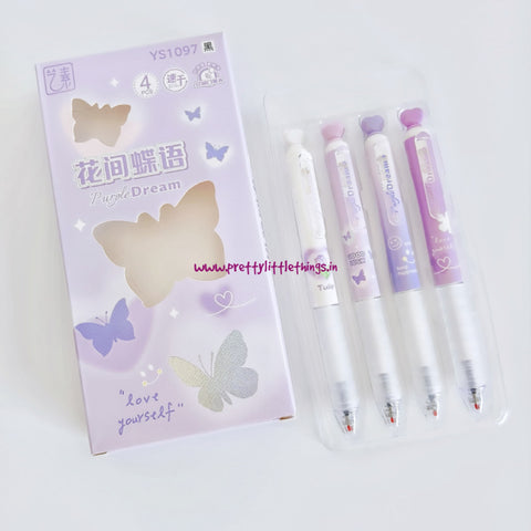 Set of butterfly-themed purple colored gel pens with packaging on a white background