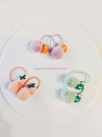Cute Fruits and Pom Poms Hair Ties Pairs
