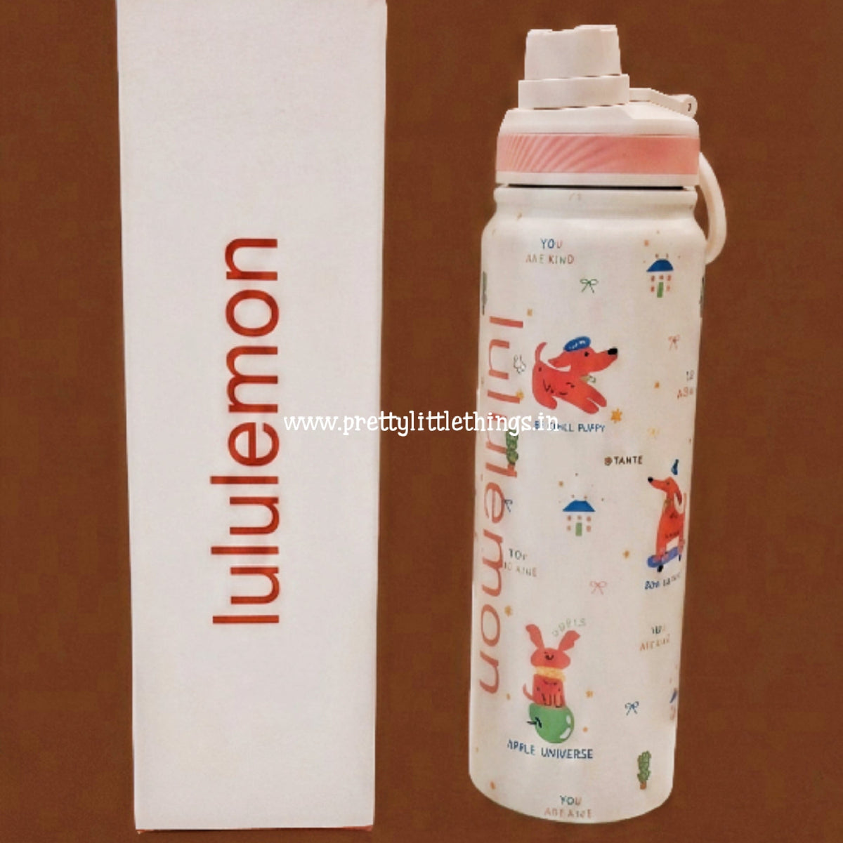 lululemon brand premium steel insulated 750 ml bottle. pinkish white color wtih handle and pout. 
