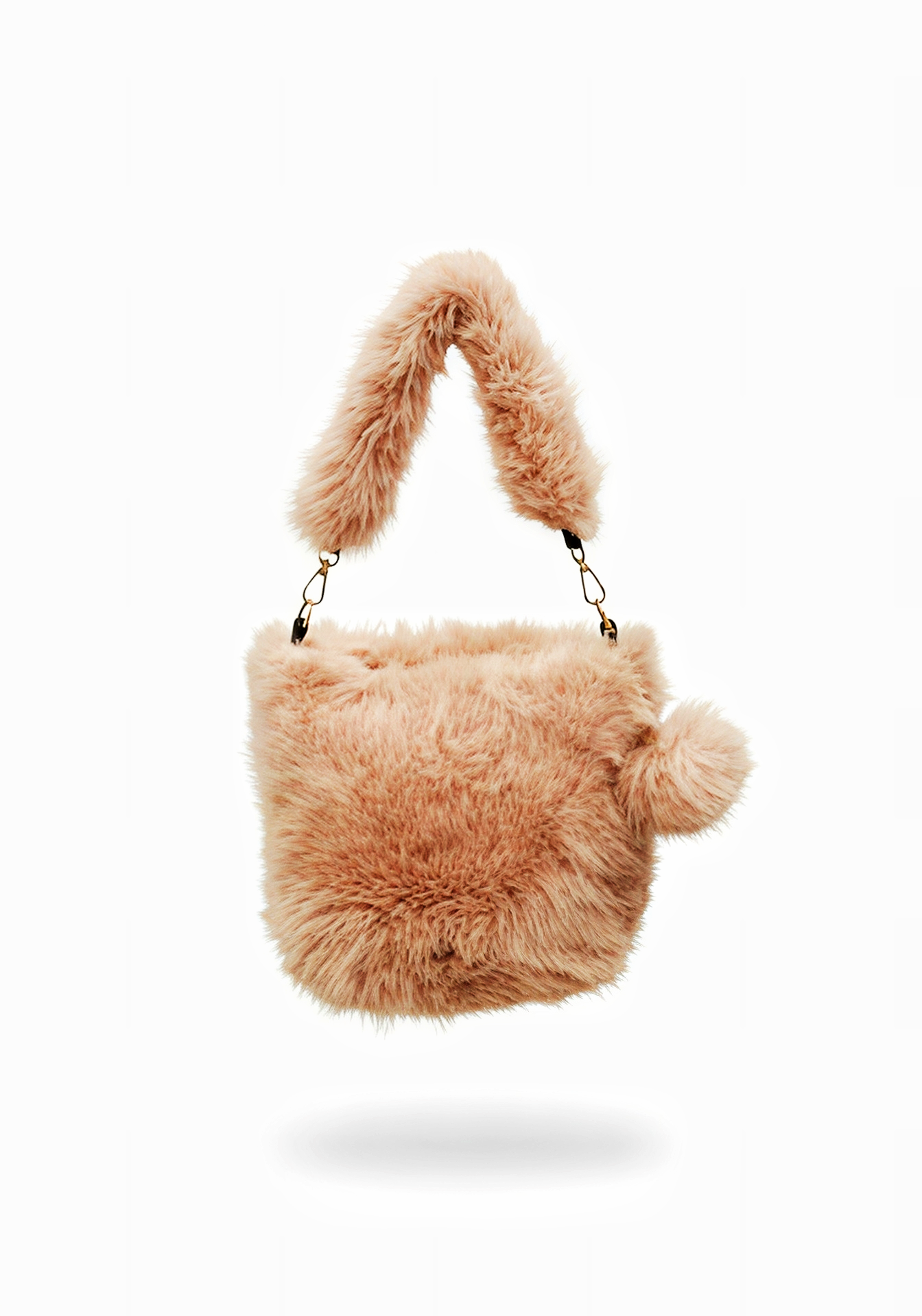 fluffy fur mini hobo style purse. shoulder bag in dusty rose
 color. it also has a faux fur hanging pom pom charm.