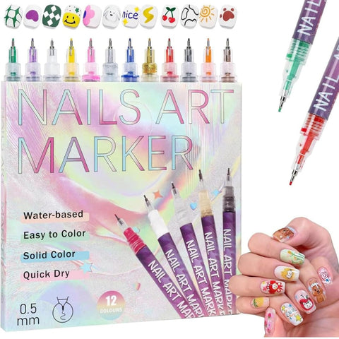 Nails art marker set with packaging and a hand showing colored nails.