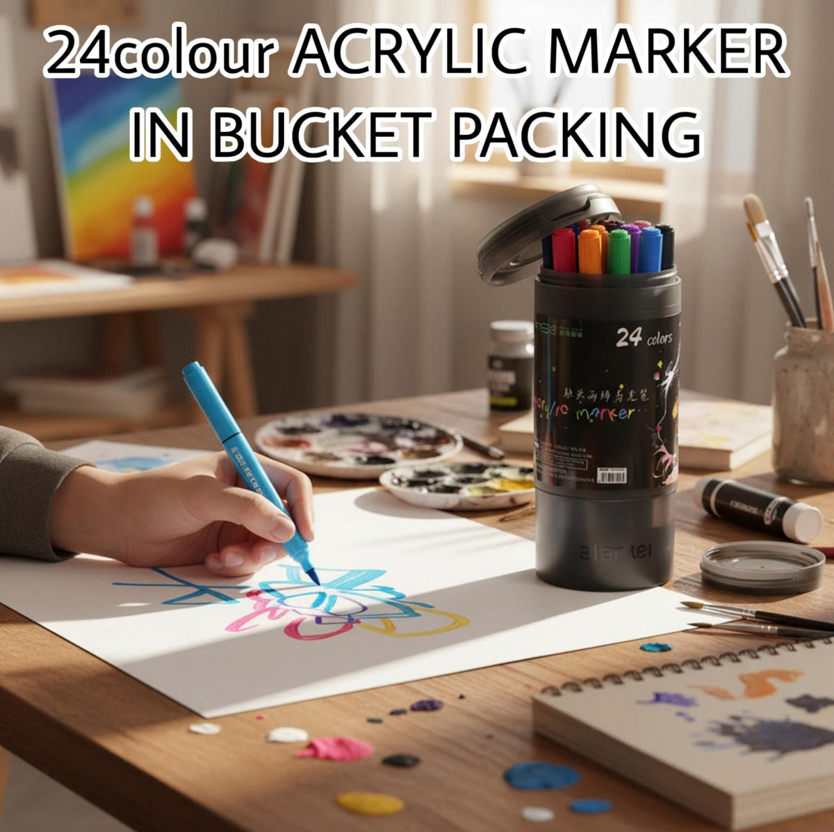 Fine Brush Tip Acrylic Markers [24 colors] (Bucket Pack)