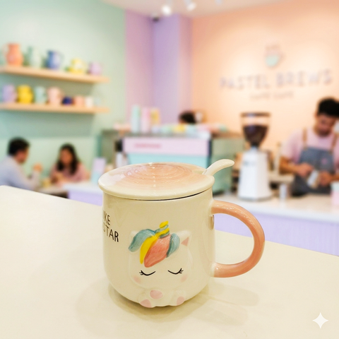 Unicorn ceramic coffee mug with a lid and spoon stirrer on a table in a cafe setting