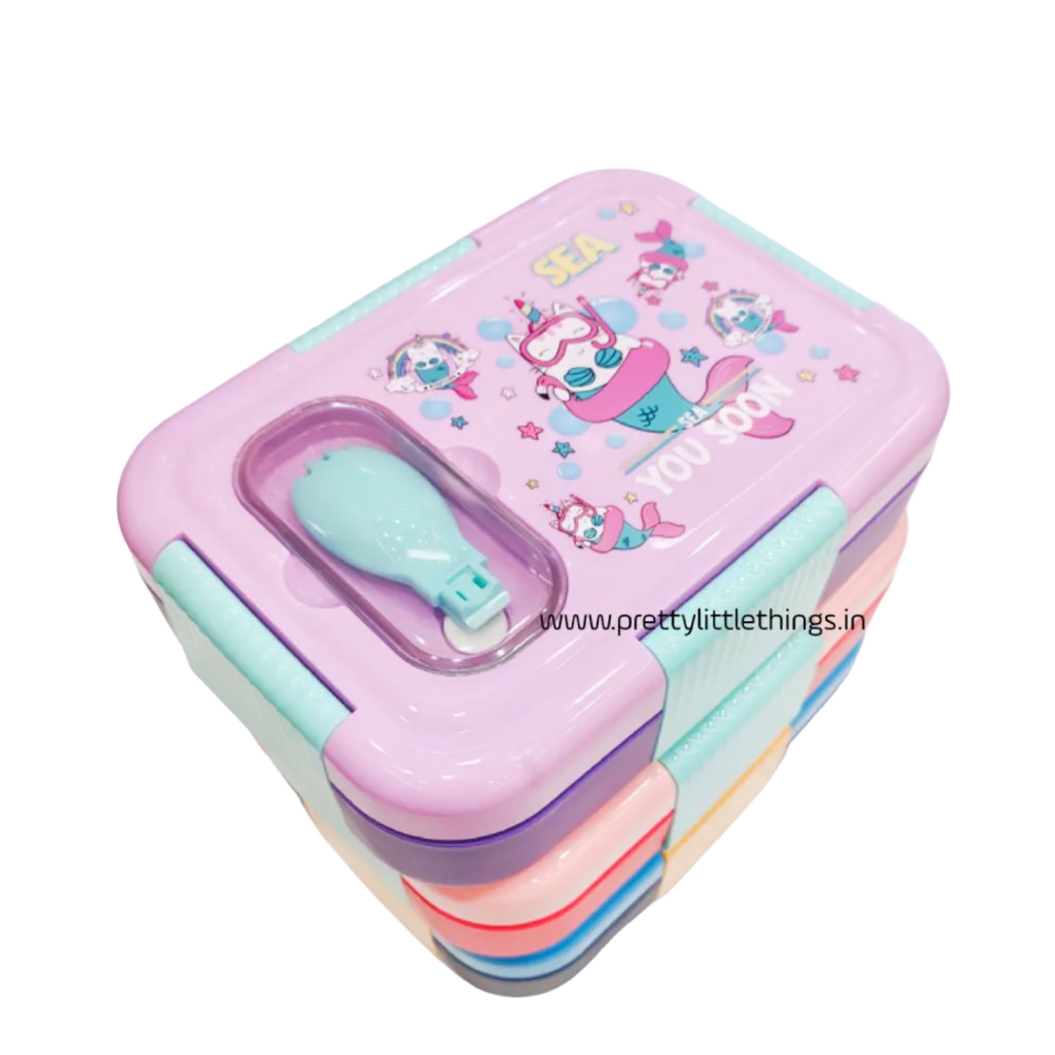 Colorful children's stainless steel lunch box with cartoon design on a white surface