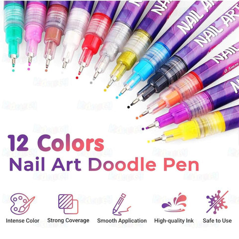 Nail art doodle pen set with 12 colors on a white background