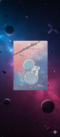 cute A5 softcover notebook featuring an astronaut hugging a planet against a pastel galaxy background with stars and spaceships