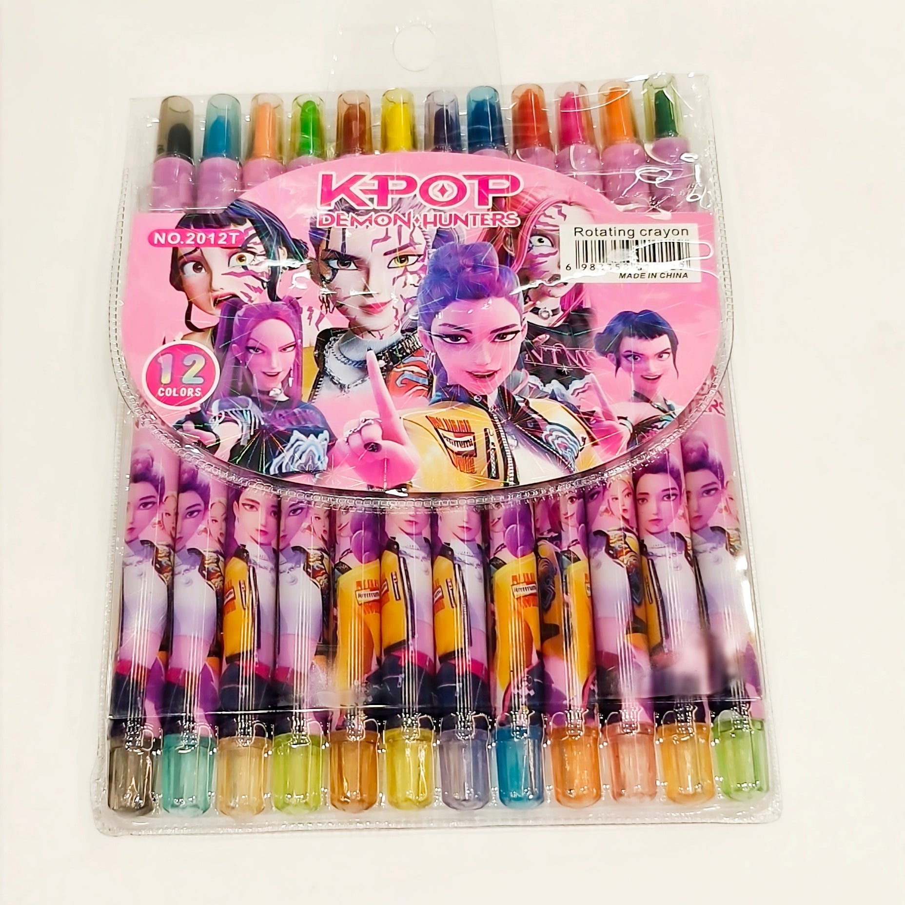 pack of 12 smooth crayons with twistable tip in the theme of k pop demon hunters huntrix. 