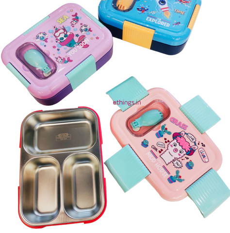 Kid's Lunch Box - Stainless Steel 3 Section (With Fork / Spoon)