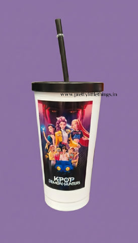 Stainless Steel Tumbler with KPOP Demon Hunters design and straw. Huntrix Theme Straw Sipper.