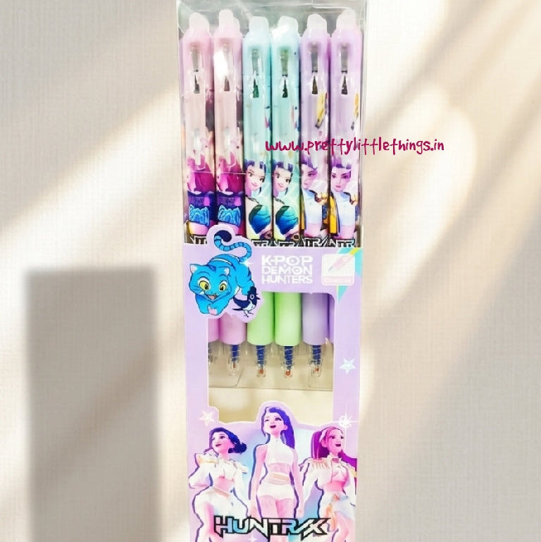 Pack of colorful erasable gel pens in  k pop demon hunters theme with a decorative box on a light background