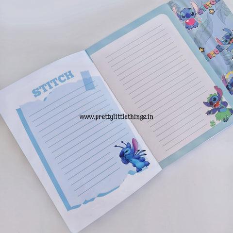 Journal style notebook with cartoon character design pages on a white background