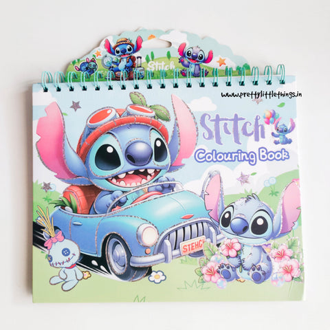 Stitch coloring book with cartoon characters on a white background