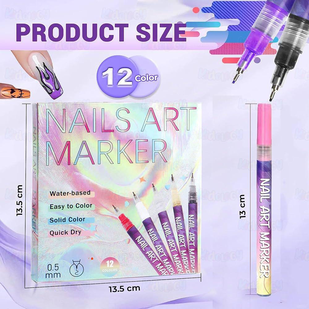 Nails art marker set with packaging, markers, and product dimensions on a colorful background.